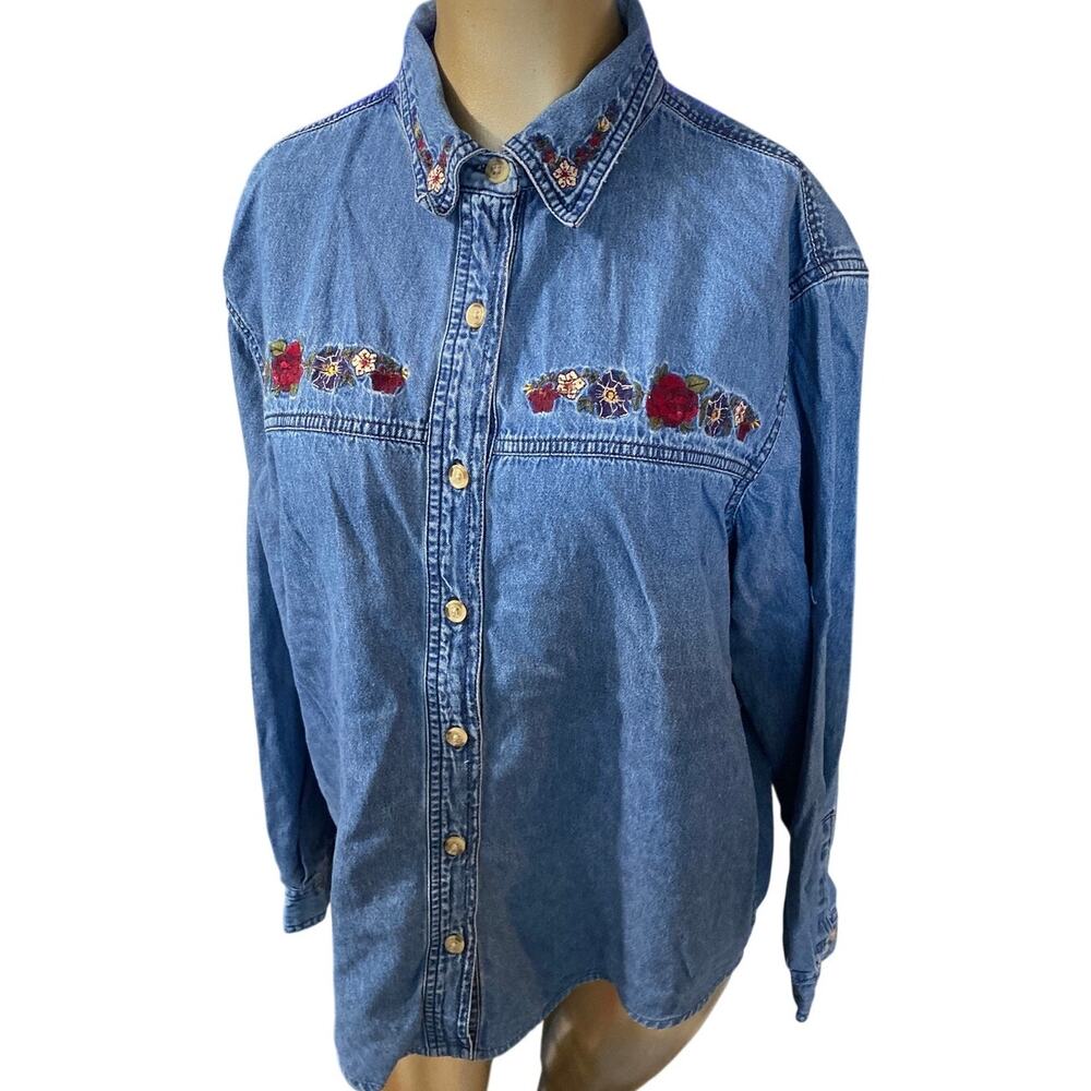 Vintage Cabin Creek Embroidered Floral Denim Shirt Size Large